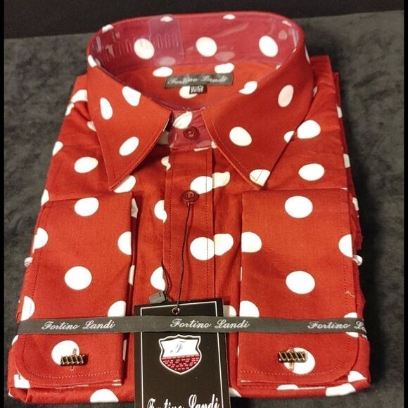 FORTINO LANDI BURG/ WHITE POLKA DOT DRESS SHIRT - Picture 3 of 5